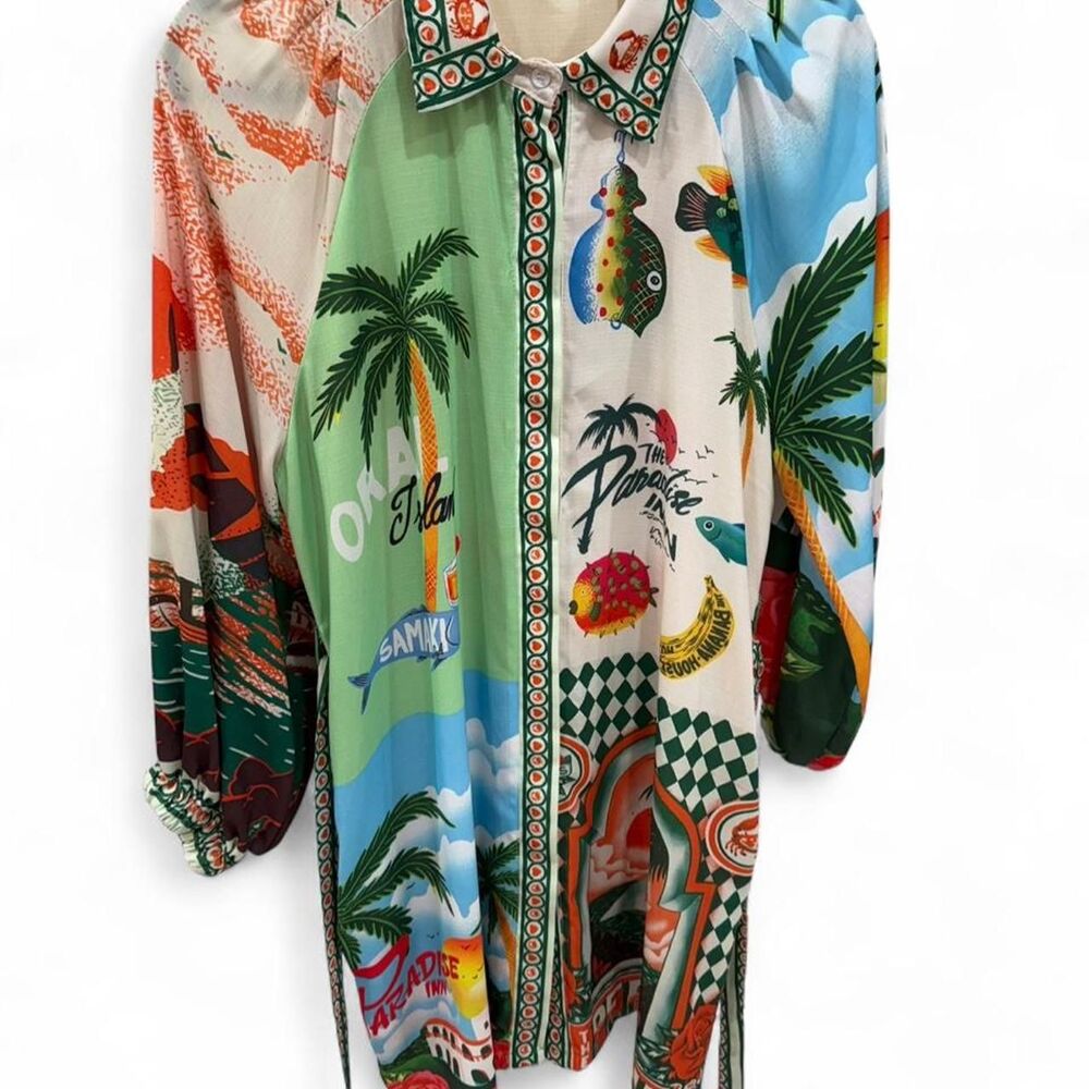 Alemais tropical vintage inspired shirt dress w/tie waist & pockets, Sz M